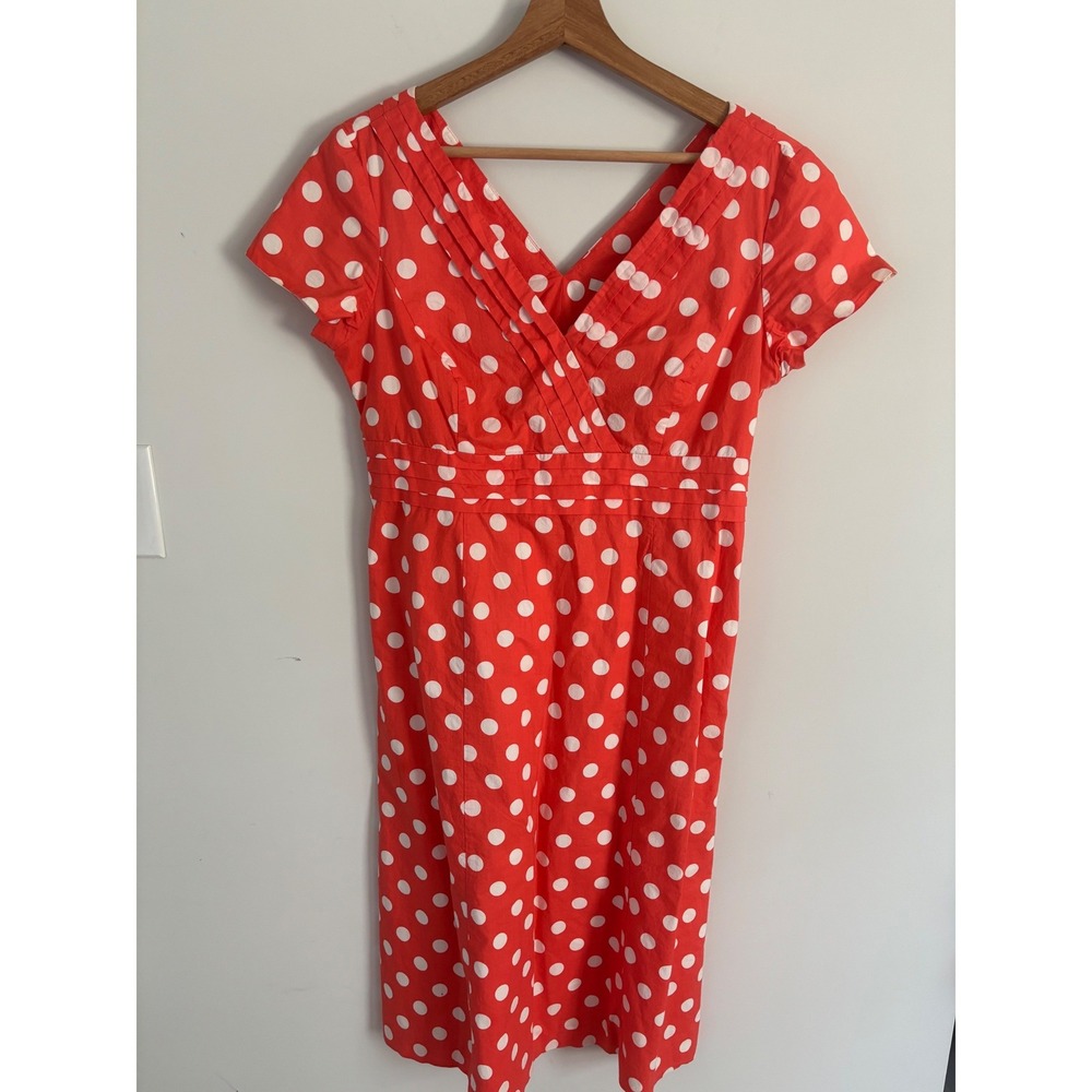 Boden coral White Polka Dot V-Neck Pleated Waist Sheath Dress Womens US 8L